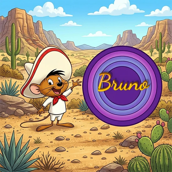 Desierto de dibujos animados con rocas y montañas. Lindo ratón con sombrero mexicano y camisa blanca apuntando a una gran pantalla circular morada que muestra el nombre Bruno en amarillo brillante.