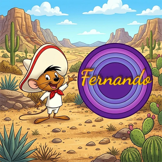 Desierto de dibujos animados con rocas y montañas. Lindo ratón con sombrero mexicano y camisa blanca apuntando a una gran pantalla circular morada que muestra el nombre Fernando en amarillo brillante.