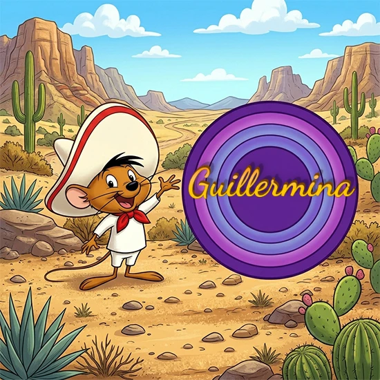 Desierto de dibujos animados con rocas y montañas. Lindo ratón con sombrero mexicano y camisa blanca apuntando a una gran pantalla circular morada que muestra el nombre Guillermina en amarillo brillante.