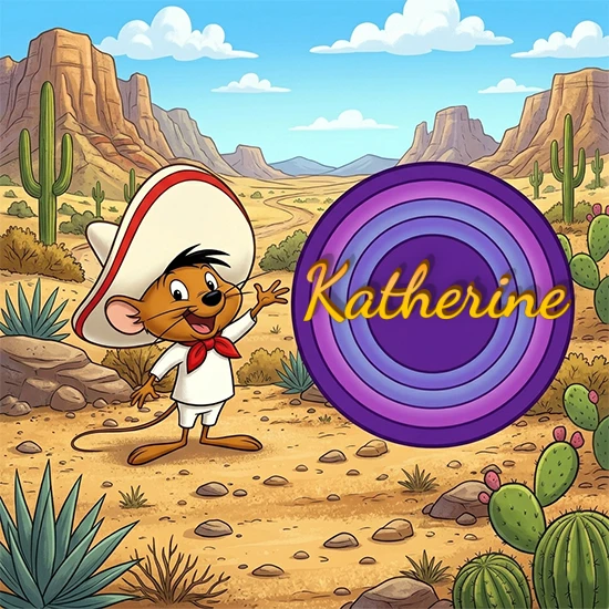 Desierto de dibujos animados con rocas y montañas. Lindo ratón con sombrero mexicano y camisa blanca apuntando a una gran pantalla circular morada que muestra el nombre Katherine en amarillo brillante.