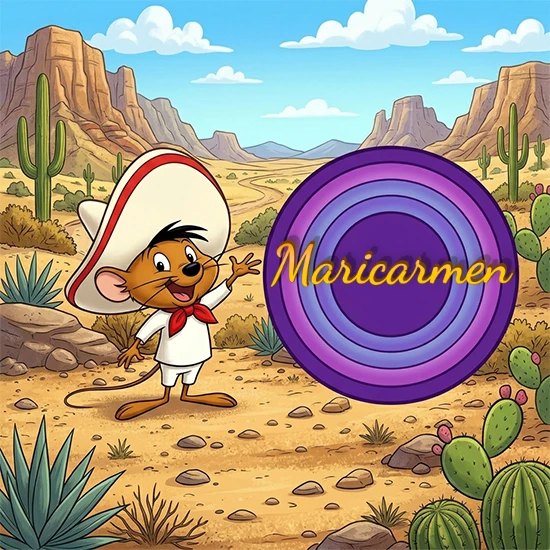 Desierto de dibujos animados con rocas y montañas. Lindo ratón con sombrero mexicano y camisa blanca apuntando a una gran pantalla circular morada que muestra el nombre Maricarmen en amarillo brillante.
