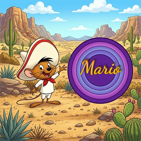 Desierto de dibujos animados con rocas y montañas. Lindo ratón con sombrero mexicano y camisa blanca apuntando a una gran pantalla circular morada que muestra el nombre Mario en amarillo brillante.
