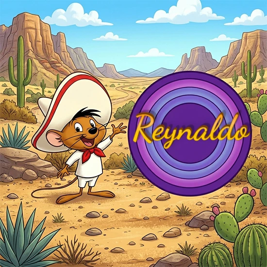 Desierto de dibujos animados con rocas y montañas. Lindo ratón con sombrero mexicano y camisa blanca apuntando a una gran pantalla circular morada que muestra el nombre Reynaldo en amarillo brillante.