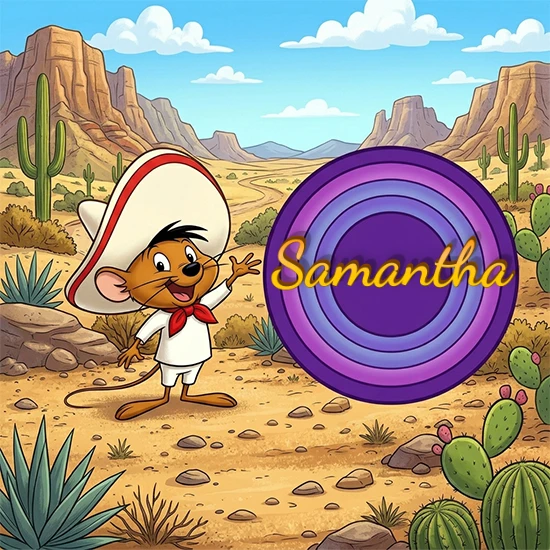 Desierto de dibujos animados con rocas y montañas. Lindo ratón con sombrero mexicano y camisa blanca apuntando a una gran pantalla circular morada que muestra el nombre Samantha en amarillo brillante.