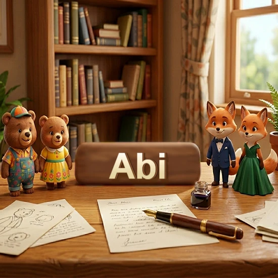 Escritorio de madera antiguo en sala de estudio. 4 figuras de animales elegantes (2 osos y 2 zorros fénec). Placa de madera ovalada en el centro mostrando el nombre Abi en letra blanca elegante.