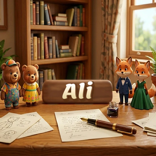 Escritorio de madera antiguo en sala de estudio. 4 figuras de animales elegantes (2 osos y 2 zorros fénec). Placa de madera ovalada en el centro mostrando el nombre Ali en letra blanca elegante.