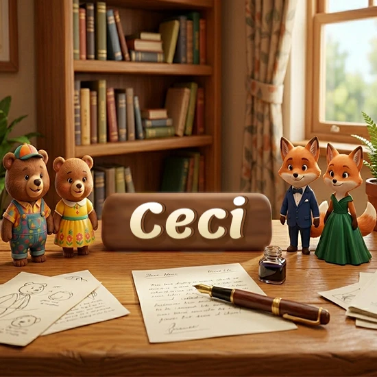 Escritorio de madera antiguo en sala de estudio. 4 figuras de animales elegantes (2 osos y 2 zorros fénec). Placa de madera ovalada en el centro mostrando el nombre Ceci en letra blanca elegante.
