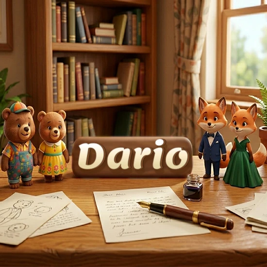 Escritorio de madera antiguo en sala de estudio. 4 figuras de animales elegantes (2 osos y 2 zorros fénec). Placa de madera ovalada en el centro mostrando el nombre Dario en letra blanca elegante. Escritorio de madera antiguo en sala de estudio. 4 figuras de animales elegantes (2 osos y 2 zorros fénec). Placa de madera ovalada en el centro mostrando el nombre Dario en letra blanca elegante.