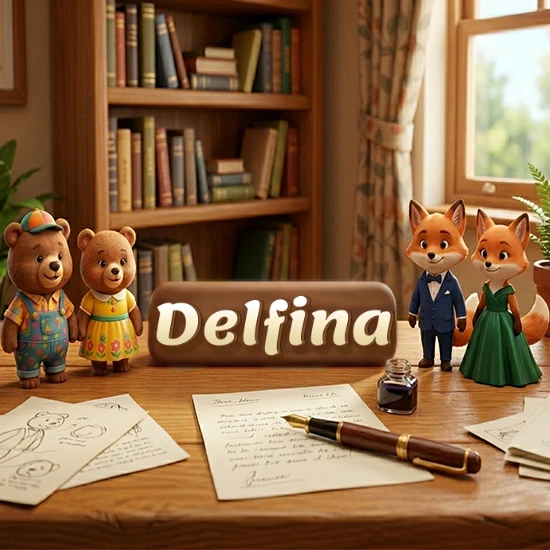 Escritorio de madera antiguo en sala de estudio. 4 figuras de animales elegantes (2 osos y 2 zorros fénec). Placa de madera ovalada en el centro mostrando el nombre Delfina en letra blanca elegante. Escritorio de madera antiguo en sala de estudio. 4 figuras de animales elegantes (2 osos y 2 zorros fénec). Placa de madera ovalada en el centro mostrando el nombre Delfina en letra blanca elegante.