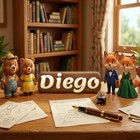 Escritorio de madera antiguo en sala de estudio. 4 figuras de animales elegantes (2 osos y 2 zorros fénec). Placa de madera ovalada en el centro mostrando el nombre Diego en letra blanca elegante.