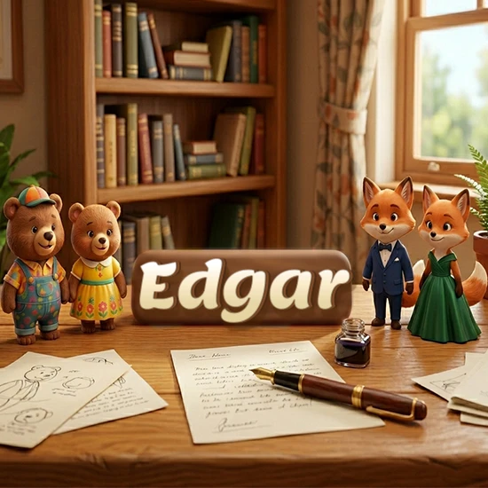 Escritorio de madera antiguo en sala de estudio. 4 figuras de animales elegantes (2 osos y 2 zorros fénec). Placa de madera ovalada en el centro mostrando el nombre Edgar en letra blanca elegante.
