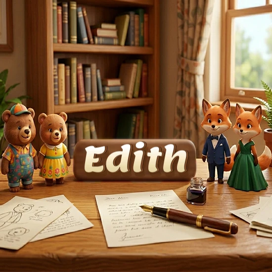 Escritorio de madera antiguo en sala de estudio. 4 figuras de animales elegantes (2 osos y 2 zorros fénec). Placa de madera ovalada en el centro mostrando el nombre Edith en letra blanca elegante.