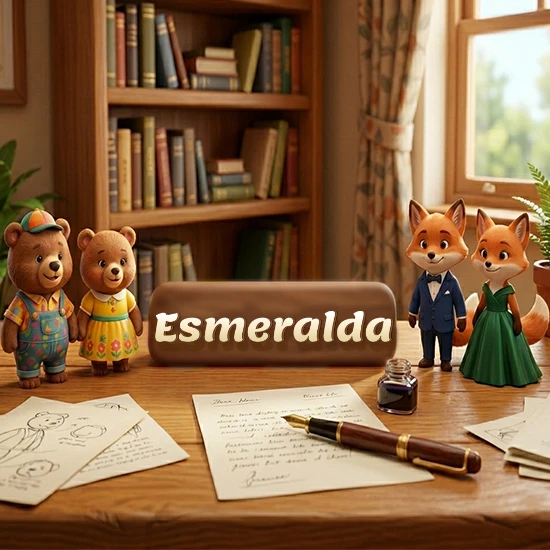 Escritorio de madera antiguo en sala de estudio. 4 figuras de animales elegantes (2 osos y 2 zorros fénec). Placa de madera ovalada en el centro mostrando el nombre Esmeralda en letra blanca elegante.