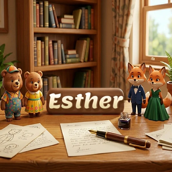 Escritorio de madera antiguo en sala de estudio. 4 figuras de animales elegantes (2 osos y 2 zorros fénec). Placa de madera ovalada en el centro mostrando el nombre Esther en letra blanca elegante.