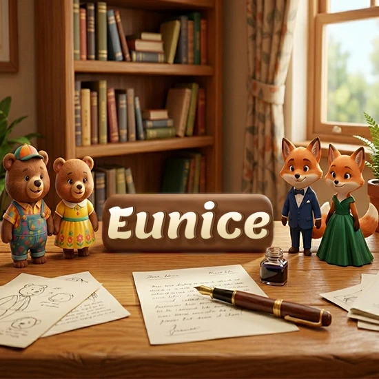 Escritorio de madera antiguo en sala de estudio. 4 figuras de animales elegantes (2 osos y 2 zorros fénec). Placa de madera ovalada en el centro mostrando el nombre Eunice en letra blanca elegante.