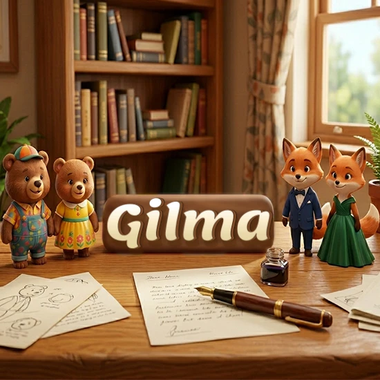 Escritorio de madera antiguo en sala de estudio. 4 figuras de animales elegantes (2 osos y 2 zorros fénec). Placa de madera ovalada en el centro mostrando el nombre Gilma en letra blanca elegante. Escritorio de madera antiguo en sala de estudio. 4 figuras de animales elegantes (2 osos y 2 zorros fénec). Placa de madera ovalada en el centro mostrando el nombre Gilma en letra blanca elegante.