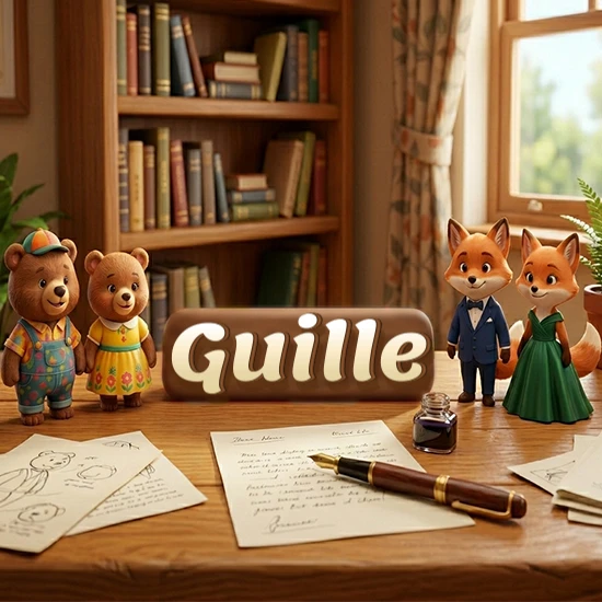 Escritorio de madera antiguo en sala de estudio. 4 figuras de animales elegantes (2 osos y 2 zorros fénec). Placa de madera ovalada en el centro mostrando el nombre Guille en letra blanca elegante.