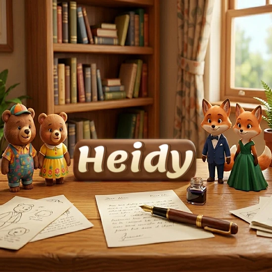 Escritorio de madera antiguo en sala de estudio. 4 figuras de animales elegantes (2 osos y 2 zorros fénec). Placa de madera ovalada en el centro mostrando el nombre Heidy en letra blanca elegante.