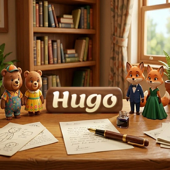 Escritorio de madera antiguo en sala de estudio. 4 figuras de animales elegantes (2 osos y 2 zorros fénec). Placa de madera ovalada en el centro mostrando el nombre Hugo en letra blanca elegante.