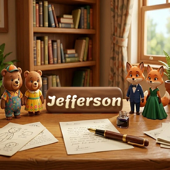 Escritorio de madera antiguo en sala de estudio. 4 figuras de animales elegantes (2 osos y 2 zorros fénec). Placa de madera ovalada en el centro mostrando el nombre Jefferson en letra blanca elegante. Escritorio de madera antiguo en sala de estudio. 4 figuras de animales elegantes (2 osos y 2 zorros fénec). Placa de madera ovalada en el centro mostrando el nombre Jefferson en letra blanca elegante.