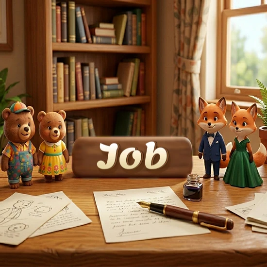 Escritorio de madera antiguo en sala de estudio. 4 figuras de animales elegantes (2 osos y 2 zorros fénec). Placa de madera ovalada en el centro mostrando el nombre Job en letra blanca elegante.