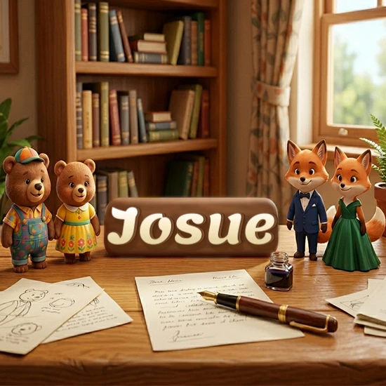 Escritorio de madera antiguo en sala de estudio. 4 figuras de animales elegantes (2 osos y 2 zorros fénec). Placa de madera ovalada en el centro mostrando el nombre Josue en letra blanca elegante.