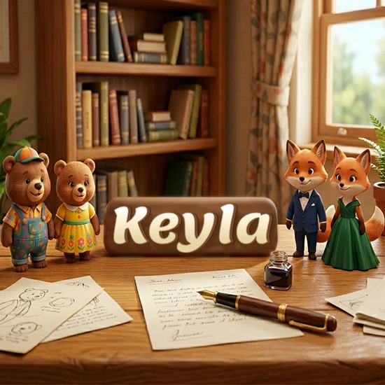 Escritorio de madera antiguo en sala de estudio. 4 figuras de animales elegantes (2 osos y 2 zorros fénec). Placa de madera ovalada en el centro mostrando el nombre Keyla en letra blanca elegante.