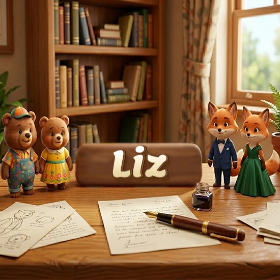 Escritorio de madera antiguo en sala de estudio. 4 figuras de animales elegantes (2 osos y 2 zorros fénec). Placa de madera ovalada en el centro mostrando el nombre Liz en letra blanca elegante.