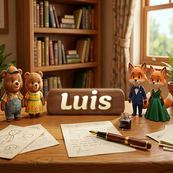 Escritorio de madera antiguo en sala de estudio. 4 figuras de animales elegantes (2 osos y 2 zorros fénec). Placa de madera ovalada en el centro mostrando el nombre Luis en letra blanca elegante.