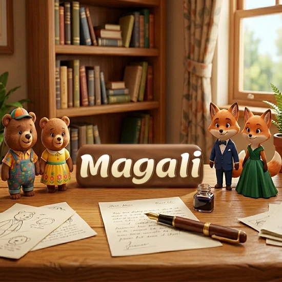 Escritorio de madera antiguo en sala de estudio. 4 figuras de animales elegantes (2 osos y 2 zorros fénec). Placa de madera ovalada en el centro mostrando el nombre Magali en letra blanca elegante.
