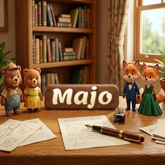 Escritorio de madera antiguo en sala de estudio. 4 figuras de animales elegantes (2 osos y 2 zorros fénec). Placa de madera ovalada en el centro mostrando el nombre Majo en letra blanca elegante. Escritorio de madera antiguo en sala de estudio. 4 figuras de animales elegantes (2 osos y 2 zorros fénec). Placa de madera ovalada en el centro mostrando el nombre Majo en letra blanca elegante.