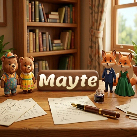 Escritorio de madera antiguo en sala de estudio. 4 figuras de animales elegantes (2 osos y 2 zorros fénec). Placa de madera ovalada en el centro mostrando el nombre Mayte en letra blanca elegante.