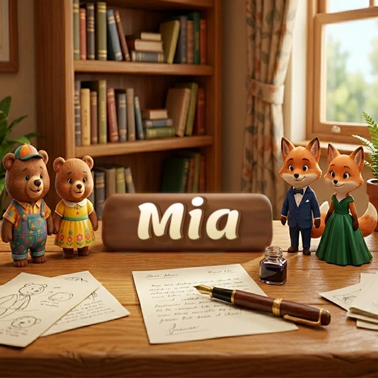 Escritorio de madera antiguo en sala de estudio. 4 figuras de animales elegantes (2 osos y 2 zorros fénec). Placa de madera ovalada en el centro mostrando el nombre Mia en letra blanca elegante. Escritorio de madera antiguo en sala de estudio. 4 figuras de animales elegantes (2 osos y 2 zorros fénec). Placa de madera ovalada en el centro mostrando el nombre Mia en letra blanca elegante.