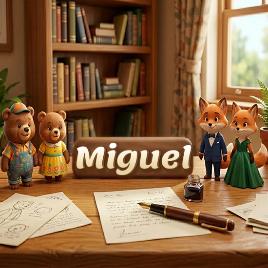 Escritorio de madera antiguo en sala de estudio. 4 figuras de animales elegantes (2 osos y 2 zorros fénec). Placa de madera ovalada en el centro mostrando el nombre Miguel en letra blanca elegante.