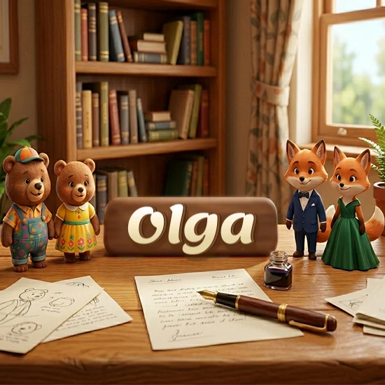 Escritorio de madera antiguo en sala de estudio. 4 figuras de animales elegantes (2 osos y 2 zorros fénec). Placa de madera ovalada en el centro mostrando el nombre Olga en letra blanca elegante.