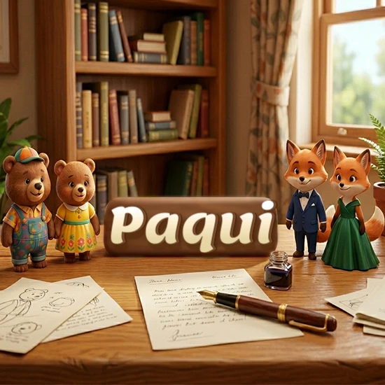 Escritorio de madera antiguo en sala de estudio. 4 figuras de animales elegantes (2 osos y 2 zorros fénec). Placa de madera ovalada en el centro mostrando el nombre Paqui en letra blanca elegante.