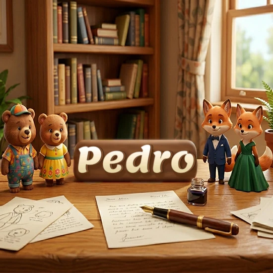 Escritorio de madera antiguo en sala de estudio. 4 figuras de animales elegantes (2 osos y 2 zorros fénec). Placa de madera ovalada en el centro mostrando el nombre Pedro en letra blanca elegante.