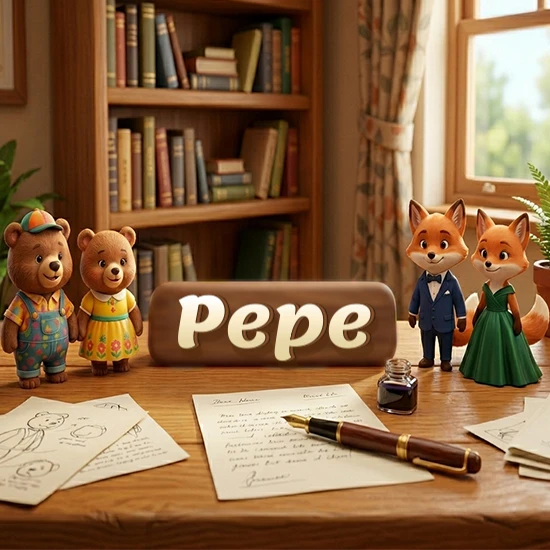 Escritorio de madera antiguo en sala de estudio. 4 figuras de animales elegantes (2 osos y 2 zorros fénec). Placa de madera ovalada en el centro mostrando el nombre Pepe en letra blanca elegante.