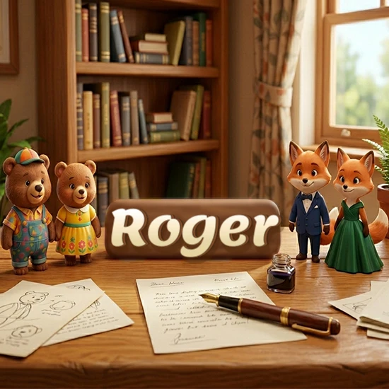 Escritorio de madera antiguo en sala de estudio. 4 figuras de animales elegantes (2 osos y 2 zorros fénec). Placa de madera ovalada en el centro mostrando el nombre Roger en letra blanca elegante.