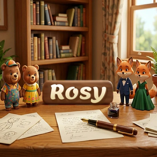 Escritorio de madera antiguo en sala de estudio. 4 figuras de animales elegantes (2 osos y 2 zorros fénec). Placa de madera ovalada en el centro mostrando el nombre Rosy en letra blanca elegante. Escritorio de madera antiguo en sala de estudio. 4 figuras de animales elegantes (2 osos y 2 zorros fénec). Placa de madera ovalada en el centro mostrando el nombre Rosy en letra blanca elegante.