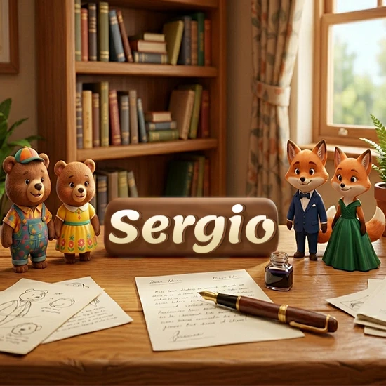 Escritorio de madera antiguo en sala de estudio. 4 figuras de animales elegantes (2 osos y 2 zorros fénec). Placa de madera ovalada en el centro mostrando el nombre Sergio en letra blanca elegante.