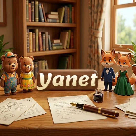 Escritorio de madera antiguo en sala de estudio. 4 figuras de animales elegantes (2 osos y 2 zorros fénec). Placa de madera ovalada en el centro mostrando el nombre Yanet en letra blanca elegante.