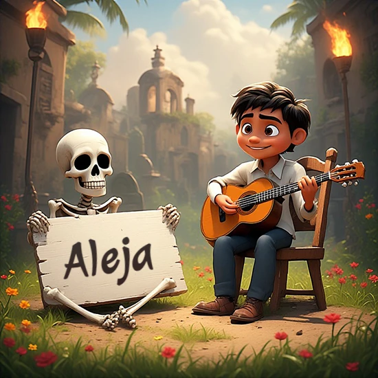 Jardín de flores. Niño pequeño tocando la guitarra junto a un lindo esqueleto con sombrero. El esqueleto sostiene un cartel de madera rectangular mostrando el nombre Aleja en texto negro divertido.
