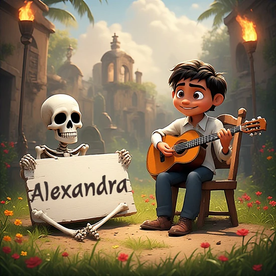 Jardín de flores. Niño pequeño tocando la guitarra junto a un lindo esqueleto con sombrero. El esqueleto sostiene un cartel de madera rectangular mostrando el nombre Alexandra en texto negro divertido.