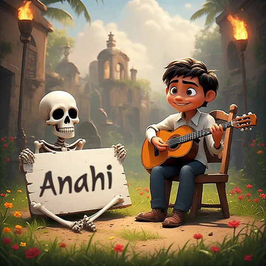 Jardín de flores. Niño pequeño tocando la guitarra junto a un lindo esqueleto con sombrero. El esqueleto sostiene un cartel de madera rectangular mostrando el nombre Anahi en texto negro divertido.