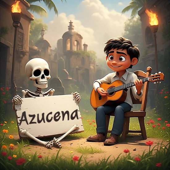 Jardín de flores. Niño pequeño tocando la guitarra junto a un lindo esqueleto con sombrero. El esqueleto sostiene un cartel de madera rectangular mostrando el nombre Azucena en texto negro divertido.