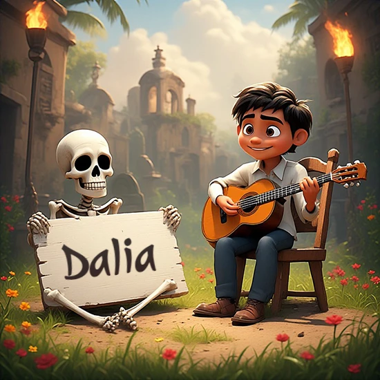 Jardín de flores. Niño pequeño tocando la guitarra junto a un lindo esqueleto con sombrero. El esqueleto sostiene un cartel de madera rectangular mostrando el nombre Dalia en texto negro divertido.
