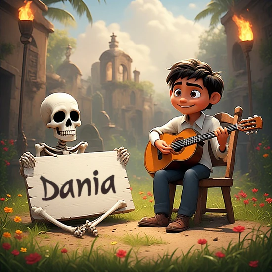 Jardín de flores. Niño pequeño tocando la guitarra junto a un lindo esqueleto con sombrero. El esqueleto sostiene un cartel de madera rectangular mostrando el nombre Dania en texto negro divertido.