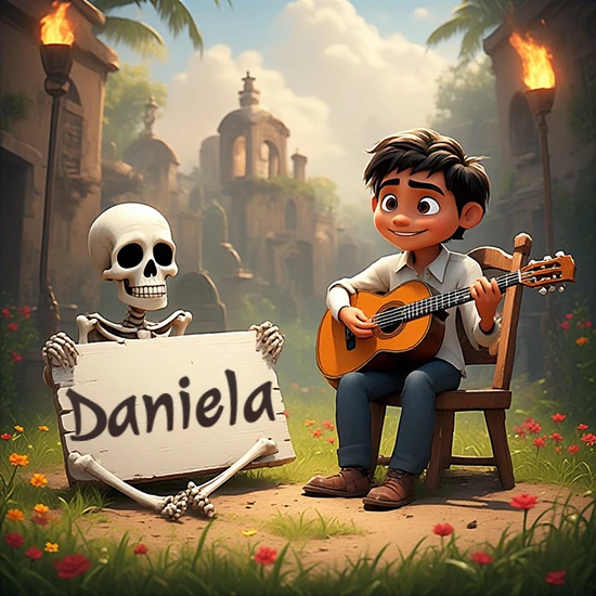 Jardín de flores. Niño pequeño tocando la guitarra junto a un lindo esqueleto con sombrero. El esqueleto sostiene un cartel de madera rectangular mostrando el nombre Daniela en texto negro divertido.
