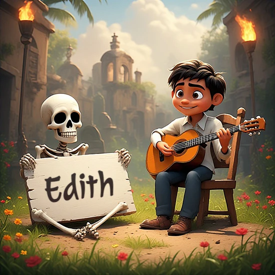 Jardín de flores. Niño pequeño tocando la guitarra junto a un lindo esqueleto con sombrero. El esqueleto sostiene un cartel de madera rectangular mostrando el nombre Edith en texto negro divertido.